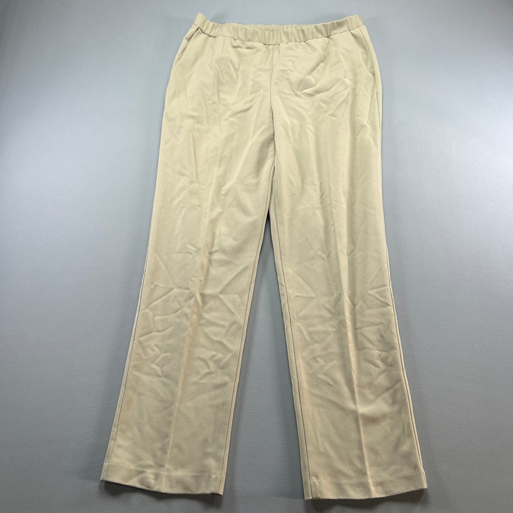 TanJay Pants Women 12 Beige Stretch Pleated Elastic Waist High Rise Straight Leg